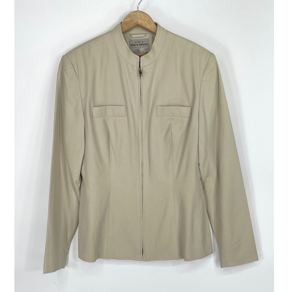 AKA Eddie Bauer Women Jacket 12 Zip Front Beige Twill Mandarin Collar